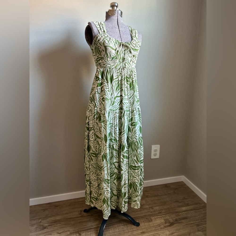 Angie White Green Leaf Print Maxi Dress tie back flowy summer nature botanical